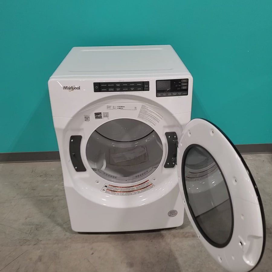 Pictures of Whirlpool Large Capacity 5.0 Cu. Ft. Front Load Washer with Quick Wash Cycle and Sanitize Cycle in White WFW6605MW - Scratch and Dent (Minor) and 7.4 Cu. Ft. Electric Wrinkle Shield Dryer with Advanced Moisture Sensing WED5605MW - Open Box - Neu Appliance Outlet - Discount Appliance Outlet in Austin, Tx