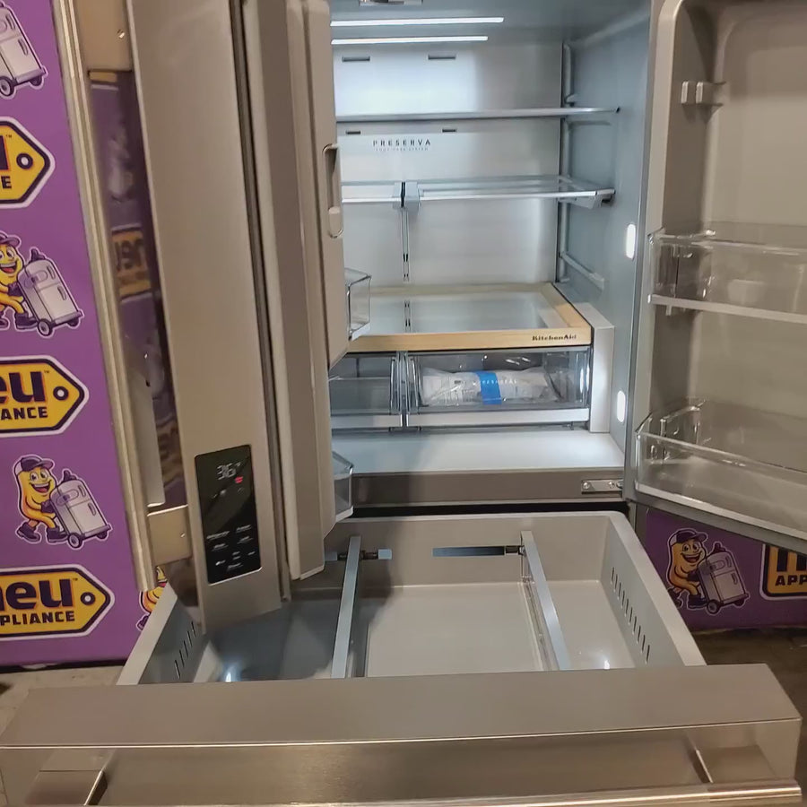 Pictures of KitchenAid 36 in. 29 cu. ft. Standard Depth French Door Refrigerator in PrintShield Stainless with FreshChill Full-Width Drawer KRMF436SPS - Open Box - Neu Appliance Outlet - Discount Appliance Outlet in Austin, Tx