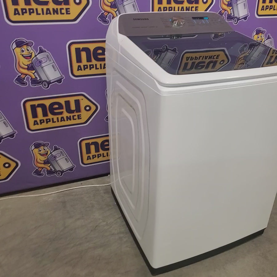 Pictures of Samsung 5.2 cu. ft. Large Capacity Smart Top Load Washer with Super Speed Wash in White WA52DG5500AW - Scratch & Dent (Minor) and Samsung White Smart Electric 7.4 Cu. Ft. Dryer with Sensor Dry and Steam Sanitize+ DVE52A5500W - Scratch & Dent (Moderate) - Neu Appliance Outlet - Discount Appliance Outlet in Austin, Tx