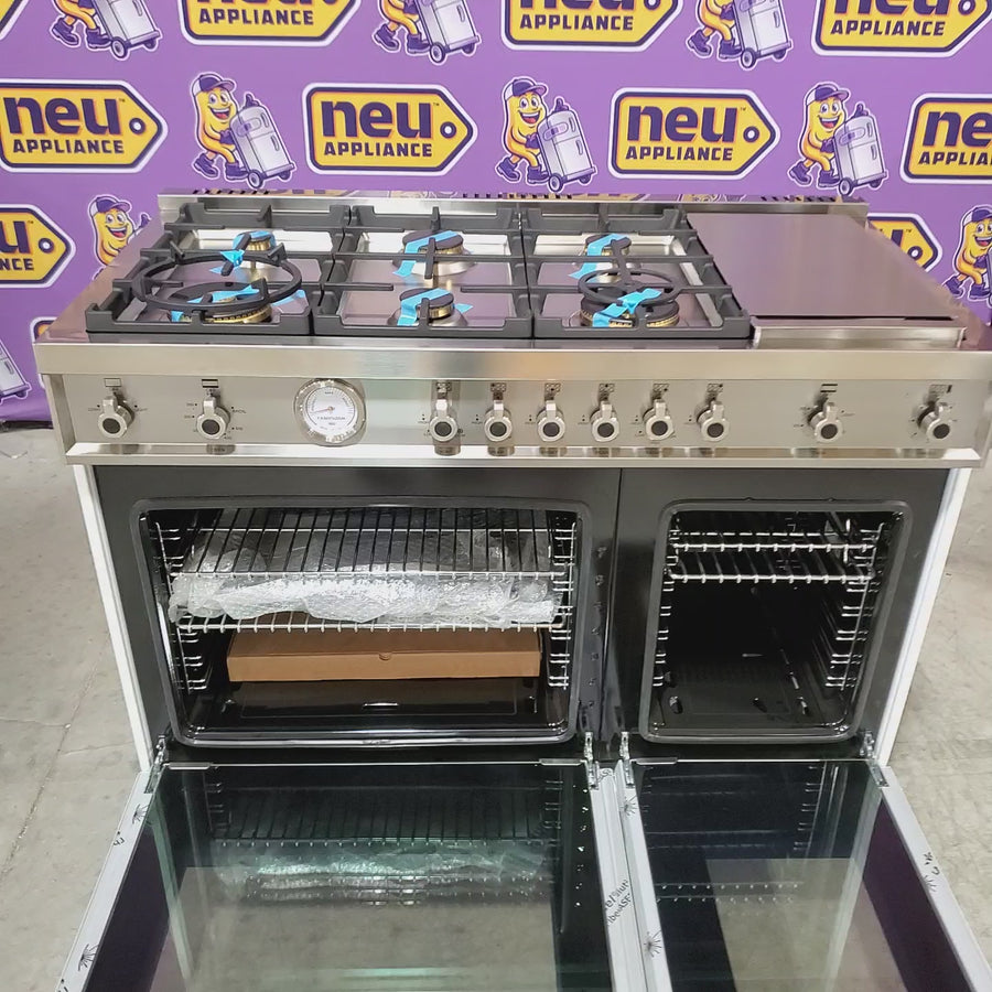 Pictures of Bertazzoni 48 Inch Freestanding Professional Gas Range with 6 Sealed Burners, Double Oven, 7.1 Cu. Ft. Total Capacity in Bianco White 11113121 - PROF486GGASBIT - Scratch & Dent (Minor) - Neu Appliance Outlet - Discount Appliance Outlet in Austin, Tx