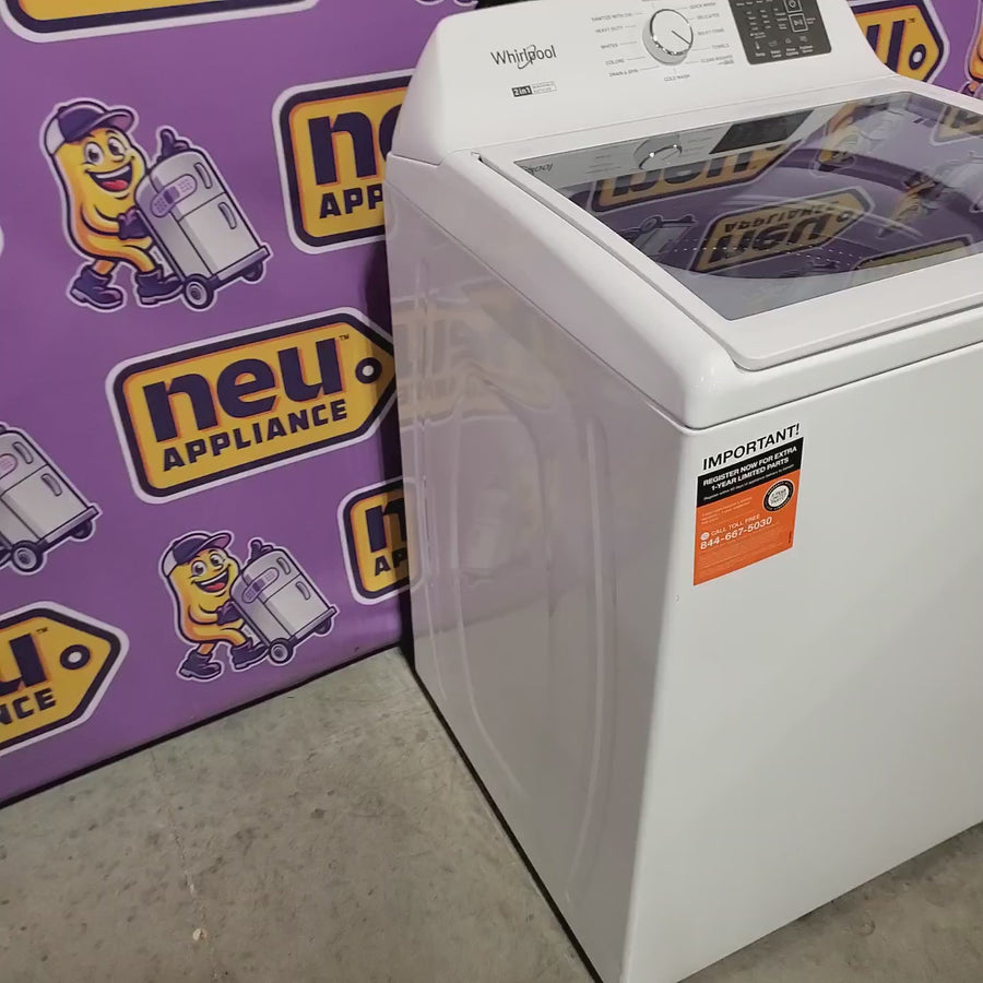Pictures of Whirlpool 4.2-4.3 Cu. Ft. Top Load Washer with 2-in-1 Removable Agitator and Soft Close Glass Lid WTW4307SW - Open Box and Whirlpool 7.0 cu. ft. Electric Dryer with Adaptive Dry and Wrinkle Shield™ Option WED4307SW - Scratch & Dent (Minor) - Neu Appliance Outlet - Discount Appliance Outlet in Austin, Tx