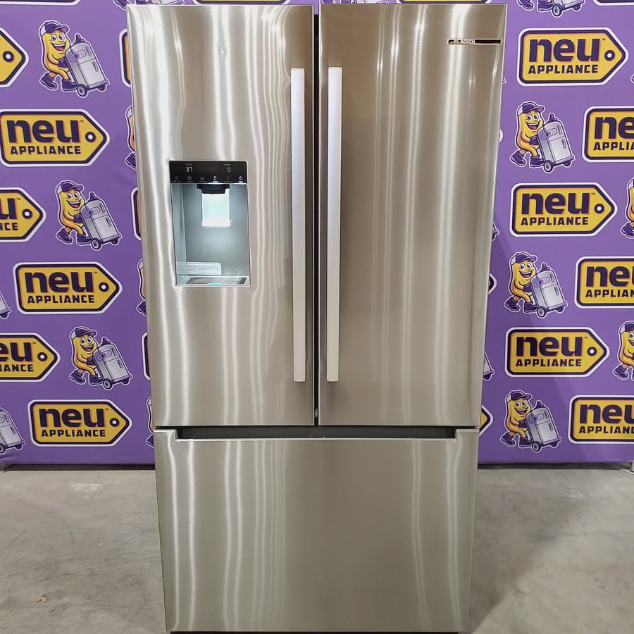 Pictures of Bosch Fastest Ice Maker Standard-Depth 300 Series 26-cu ft 3-Door Smart Compatible French Door Refrigerator with Ice Maker with Water and Ice Dispenser in Stainless Steel 22321469 - B36FD31ENS - Scratch & Dent (Minor) - Neu Appliance Outlet - Discount Appliance Outlet in Austin, Tx