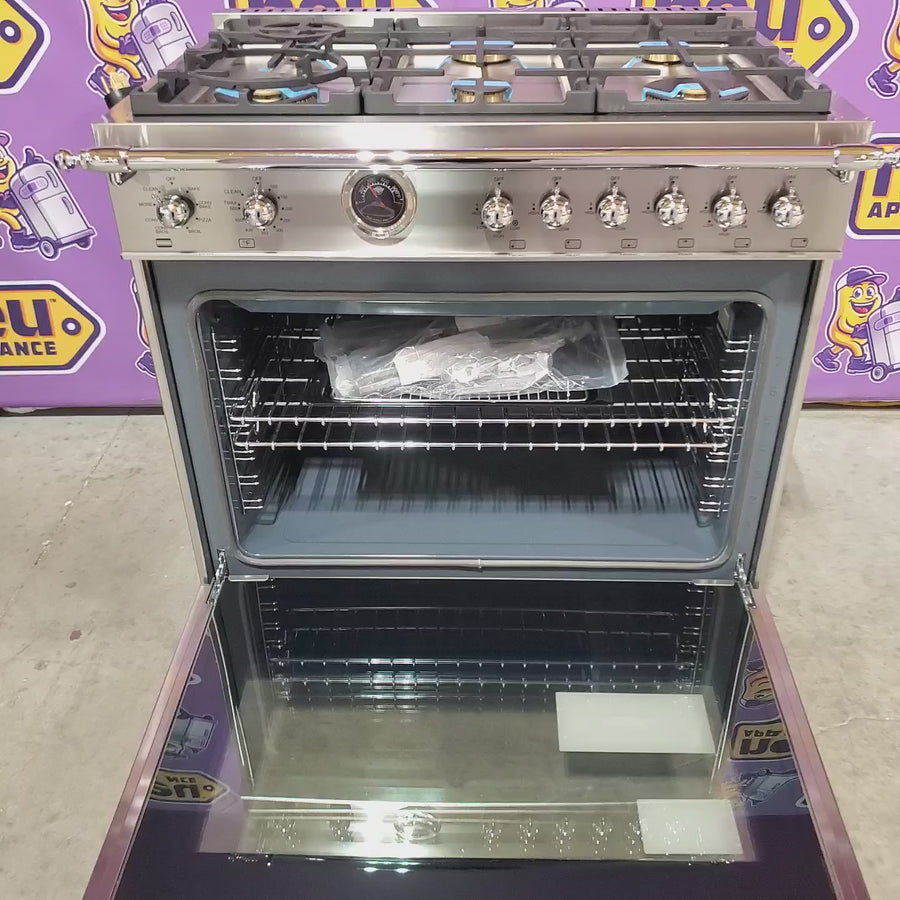 Pictures of Bertazzoni 36 Inch Freestanding Dual Fuel Range with 6 Sealed Burners, 5.7 cu. ft. Capacity, Continuous Grates, Self-Cleaning, and 19000 BTU Power Burner HER366BCFEPXT - Open Box - Neu Appliance Outlet - Discount Appliance Outlet in Austin, Tx
