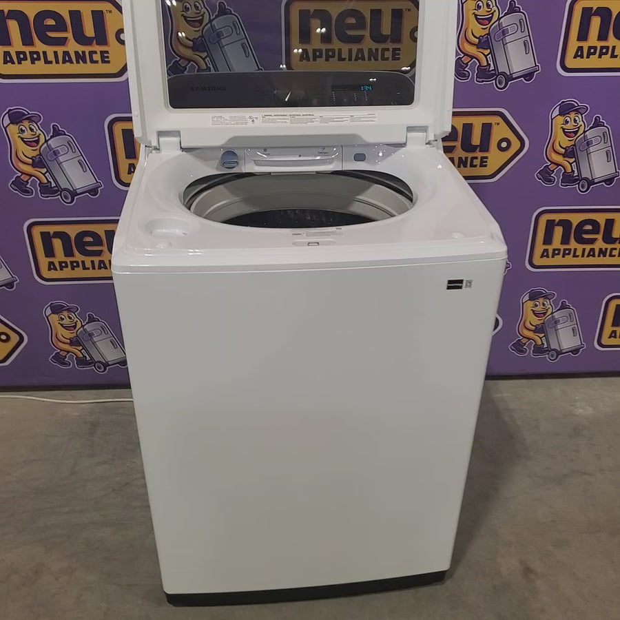 Pictures of Samsung 5.2 cu. ft. Large Capacity Smart Top Load Washer with Super Speed Wash in White WA52DG5500AW - Scratch & Dent (Minor) and Samsung White Smart Electric 7.4 Cu. Ft. Dryer with Sensor Dry and Steam Sanitize+ DVE52A5500W - Scratch & Dent (Moderate) - Neu Appliance Outlet - Discount Appliance Outlet in Austin, Tx