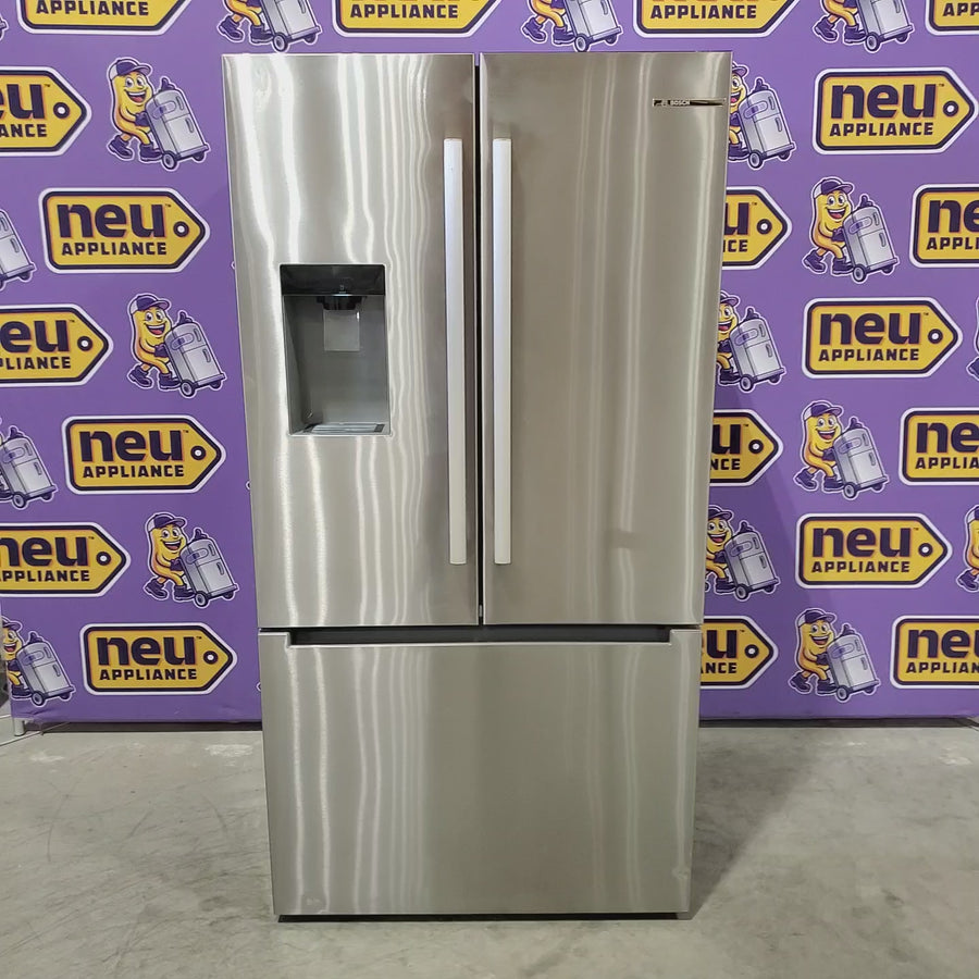 Pictures of Bosch Fastest Ice Maker Standard-Depth 300 Series 26-cu ft 3-Door Smart Compatible French Door Refrigerator with Ice Maker with Water and Ice Dispenser in Stainless Steel 22121511 - B36FD31ENS - Scratch & Dent (Moderate) - Neu Appliance Outlet - Discount Appliance Outlet in Austin, Tx
