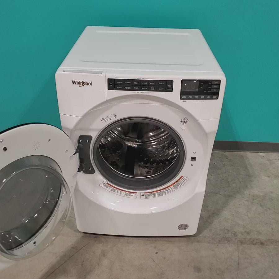 Pictures of Whirlpool Large Capacity 5.0 Cu. Ft. Front Load Washer with Quick Wash Cycle and Sanitize Cycle in White WFW6605MW - Scratch and Dent (Minor) and 7.4 Cu. Ft. Electric Wrinkle Shield Dryer with Advanced Moisture Sensing WED5605MW - Open Box - Neu Appliance Outlet - Discount Appliance Outlet in Austin, Tx