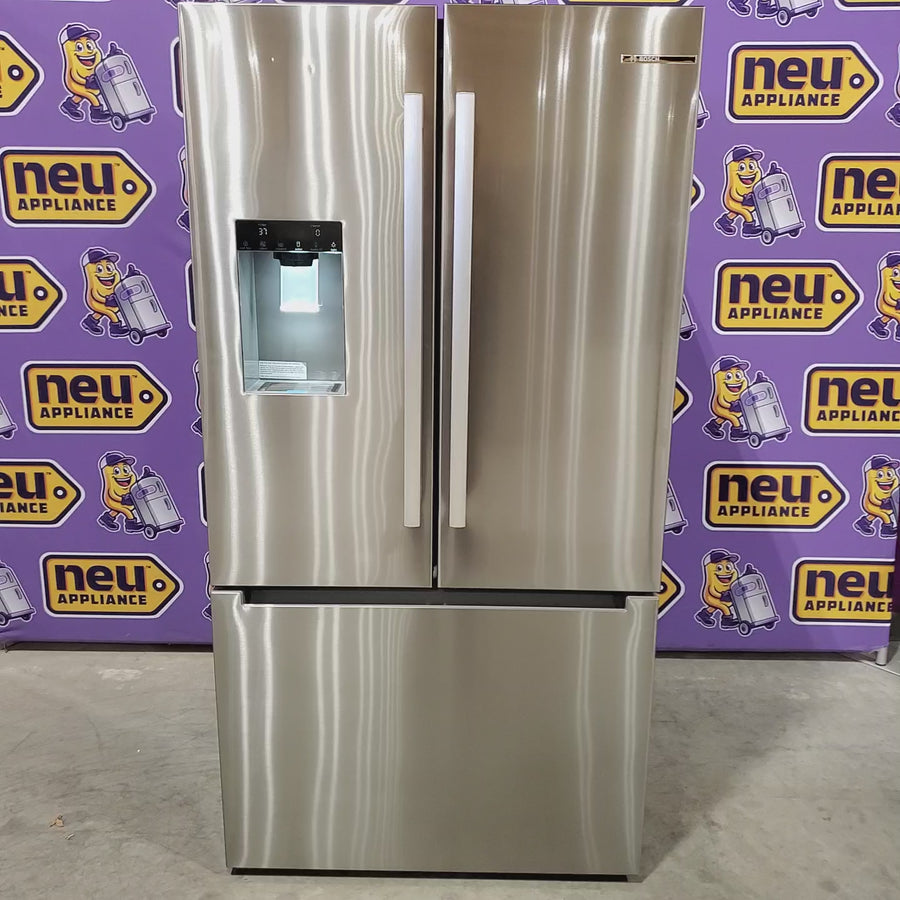 Pictures of Bosch Fastest Ice Maker Standard-Depth 300 Series 26-cu ft 3-Door Smart Compatible French Door Refrigerator with Ice Maker with Water and Ice Dispenser in Stainless Steel 22321469 - B36FD31ENS - Scratch & Dent (Minor) - Neu Appliance Outlet - Discount Appliance Outlet in Austin, Tx