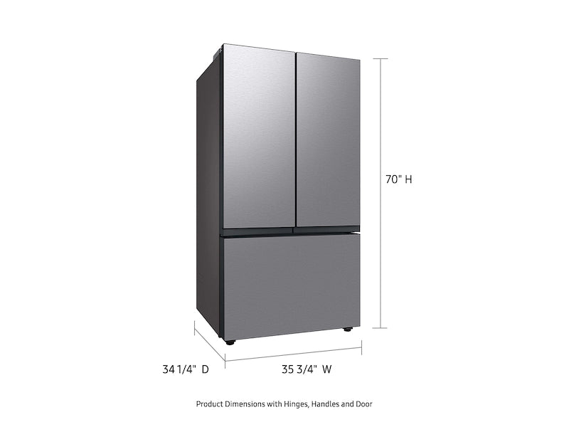Measurement chart of a Samsung Bespoke 3-Door French Door RF30BB6600QL Refrigerator with dimensions labeled