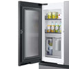 Open Samsung Bespoke 4-Door French Door RF29BB8600QL Refrigerator with drinks on a white background
