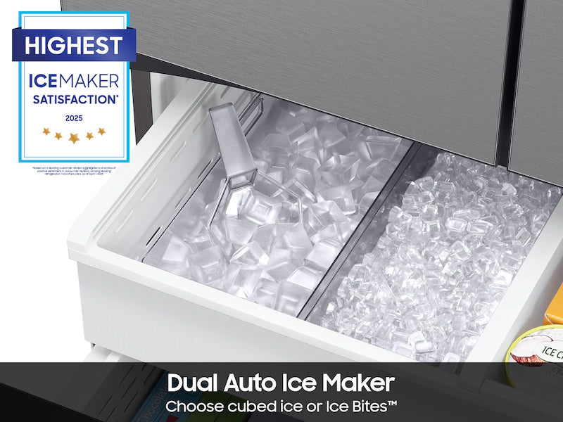 Dual auto ice maker with ice cubes and 'Highest Ice Maker Satisfaction 2025' badge in a Samsung Bespoke 3-Door French Door RF30BB6600QL Refrigerator 