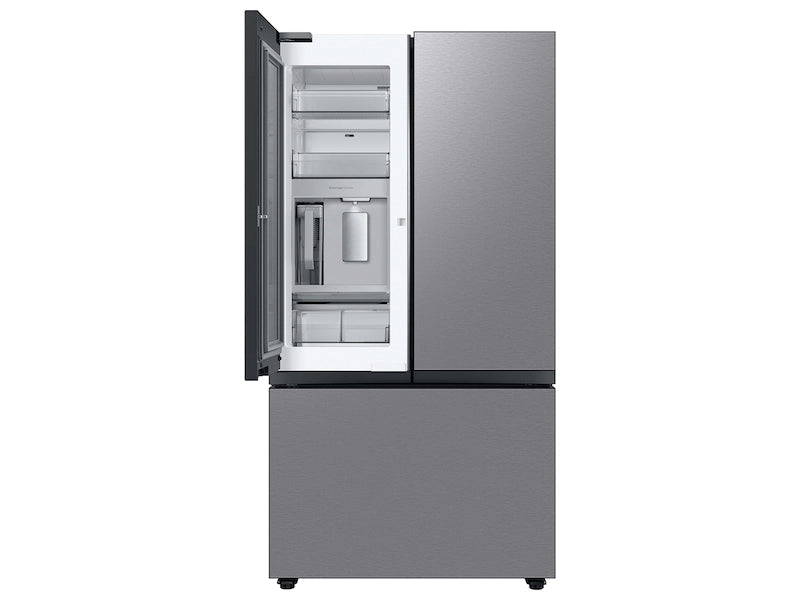 Stainless steel Samsung Bespoke 3-Door French Door RF30BB6600QL Refrigerator with open door on a white background