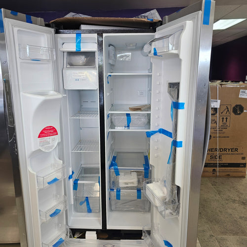 Frigidaire 33" Wide 22.3 cu. ft. ENERGY STAR Side by Side Refrigerator Stainless Steel with Exterior Water and Ice Dispenser FRSS2323AS - New In Box