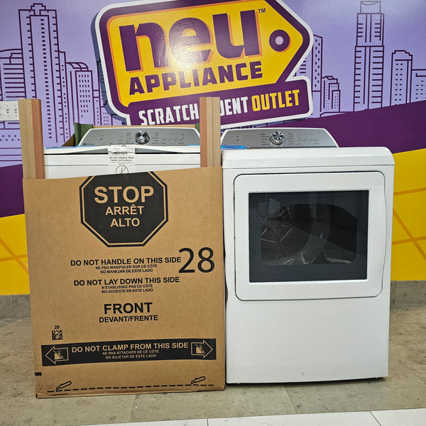 Ge Profile White Energy Star 4.9 Cu. Ft. Top Load Washer with FlexDispense PTW605BSRWS - New in Box and GE Profile White ENERGY STAR® 7.4 cu. ft. Capacity aluminized alloy drum Gas Dryer with Sanitize Cycle and Sensor Dry - Scratch & Dent - (Moderate)
