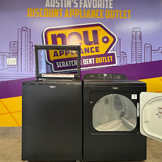 Pictures of Whirlpool Volcano Black Top Load 8.2 Cu. Ft. Washer with Removable Agitator WTW6157PB - Scratch and Dent (Minor) and Whirlpool Volcano Black Electric 7.0 Cu. Ft. Dryer with Moisture Sensor WED6150PB - Open Box - Neu Appliance Outlet - Discount Appliance Outlet in Austin, Tx
