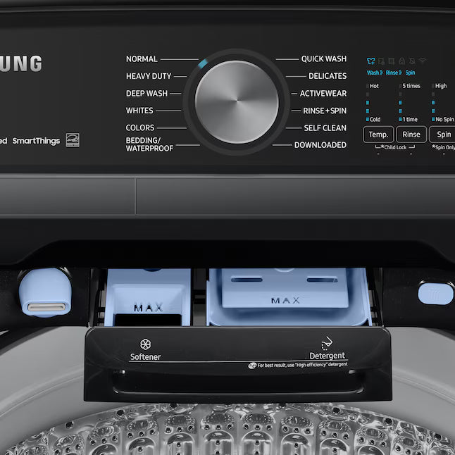 Samsung Brushed Black Top Load 5.2 Cu. Ft. Washer with SuperSpeed Wash WA52A5500AV - Certified Refurbished and Samsung Black Stainless Steel Electric 7.4 Cu. Ft. Dryer with Steam Sanitize DVE50R5400V - Certified Refurbished
