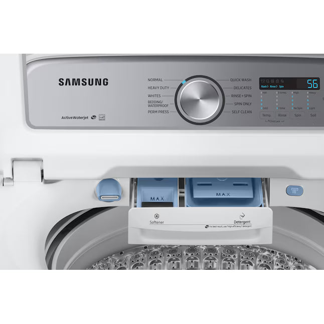 Samsung 5.0 cu. ft. Top Load Washing Machine with Active Water Jet WA50R5200AW - Scratch & Dent (Moderate) and Samsung White Smart Electric 7.4 Cu. Ft. Dryer with Sensor Dry and Steam Sanitize+ DVE52A5500W - Scratch & Dent (Minor)