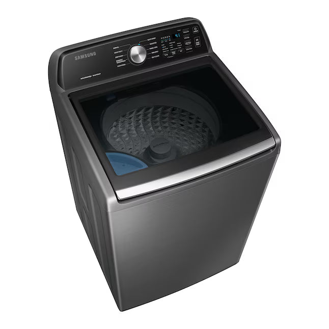 Samsung 4.4 cu. ft. Top Load Washer with ActiveWave™ Agitator and Active WaterJet in Platinum WA44A3405AP - Certified Refurbished and Samsung Platinum Electric 7.4 Cu. Ft. Dryer with Sensor Dry DVE45T3400P - Certified Refurbished
