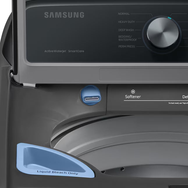 Samsung 4.4 cu. ft. Top Load Washer with ActiveWave™ Agitator and Active WaterJet in Platinum WA44A3405AP - Certified Refurbished and Samsung Platinum Electric 7.4 Cu. Ft. Dryer with Sensor Dry DVE45T3400P - Certified Refurbished