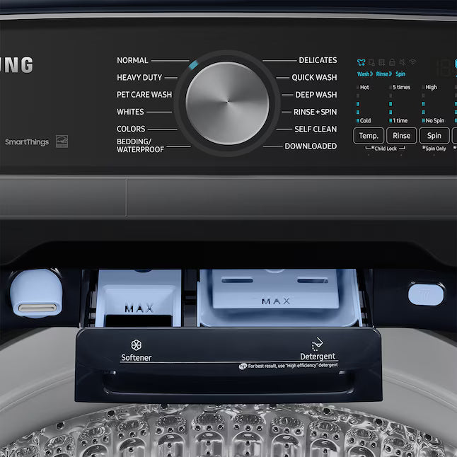Samsung 5.4 cu. ft. Smart Top Load Washer with Pet Care Solution and Super Speed Wash WA54CG7150AD - Scratch & Dent (Minor) and  7.4 cu. ft. Smart Vented Electric Dryer with Pet Care Dry and Steam Sanitize+ 16262 - DVE54CG7150D - Open Box