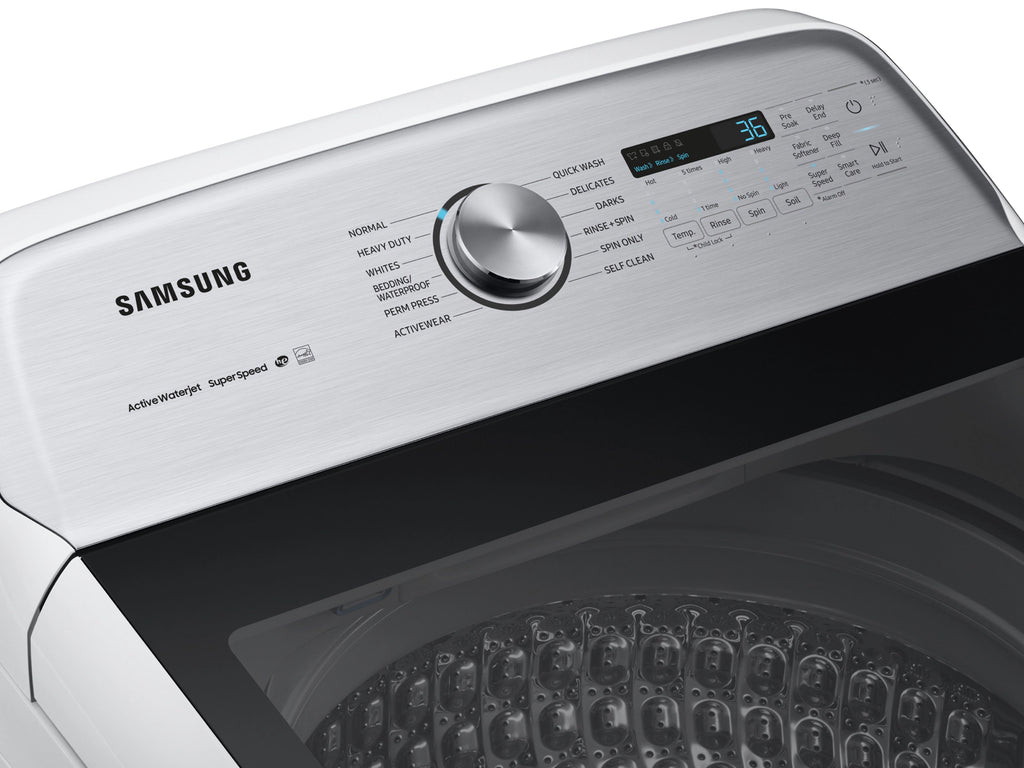 Pictures of Samsung White Top Load 5.0 Cu. Ft. Washer with Super Speed WA50R5400AW - Certified Refurbished and Samsung White Electric 7.4 Cu. Ft. Dryer with Sensor Dry 16035 - DVE50R5200W - Certified Refurbished - Neu Appliance Outlet - Discount Appliance Outlet in Austin, Tx