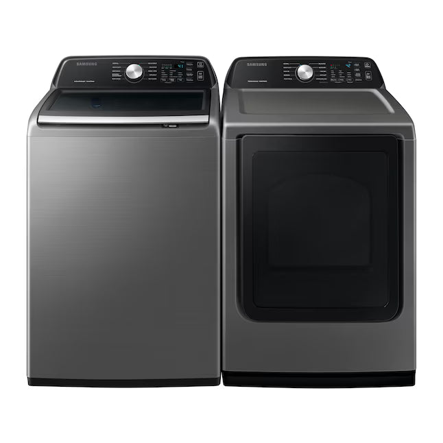 Samsung 4.4 cu. ft. Top Load Washer with ActiveWave™ Agitator and Active WaterJet in Platinum WA44A3405AP - Certified Refurbished and Samsung Platinum Electric 7.4 Cu. Ft. Dryer with Sensor Dry DVE45T3400P - Certified Refurbished