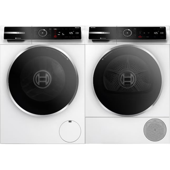 Bosch 500 Series 24 in. 2.4 cu. ft. Stackable Front Load Compact Washer in White WGB24600UC - Open Box and Bosch 500 Series 4-cu ft Stackable Ventless Electric Dryer with Steam Cycle in White WQB245B0UC - Scratch & Dent (Moderate)