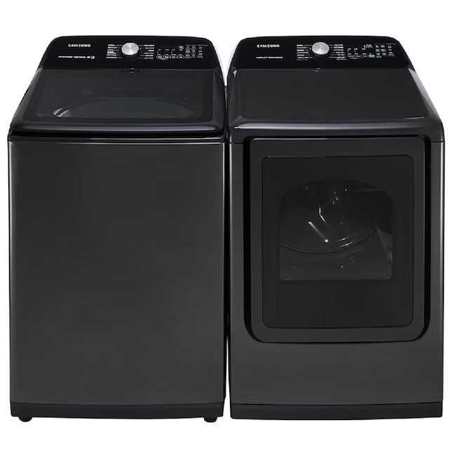 Samsung Brushed Black Top Load 5.2 Cu. Ft. Washer with SuperSpeed Wash WA52A5500AV - Certified Refurbished and Samsung Black Stainless Steel Electric 7.4 Cu. Ft. Dryer with Steam Sanitize DVE50R5400V - Certified Refurbished