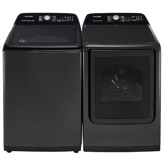 Samsung 5.0 cu. ft. Energy Star Top Load Washer with Active Water Jet in Black Stainless Steel WA50R5400AV - Certified Refurbished and Samsung Black Stainless Steel Electric 7.4 Cu. Ft. Dryer with Steam Sanitize DVE50R5400V - Certified Refurbished