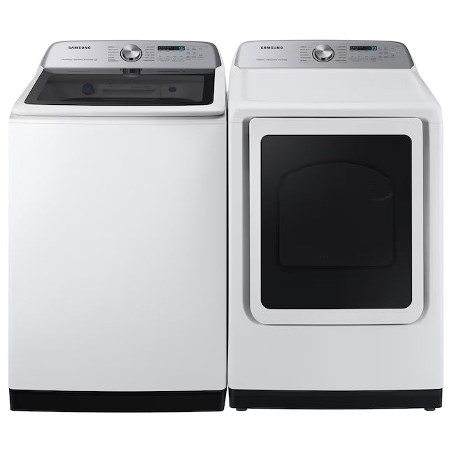Samsung 5.2 cu. ft. Large Capacity Smart Top Load Washer with Super Speed Wash in White WA52DG5500AW - Scratch & Dent (Minor) and Samsung White Smart Electric 7.4 Cu. Ft. Dryer with Sensor Dry and Steam Sanitize+ DVE52A5500W - Scratch & Dent (Moderate)