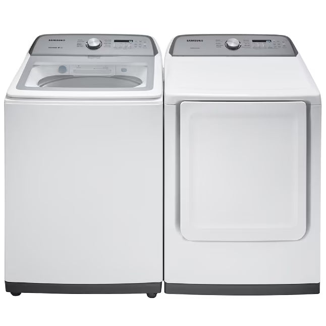 Samsung ENERGY STAR 5.0 cu. ft. Top Load Washing Machine with Active Water Jet WA50R5200AW - Certified Refurbished and Samsung 7.2 cu. ft. Electric Dryer with Sensor Dry in White DVE45T3200W - Scratch & Dent (Minor)