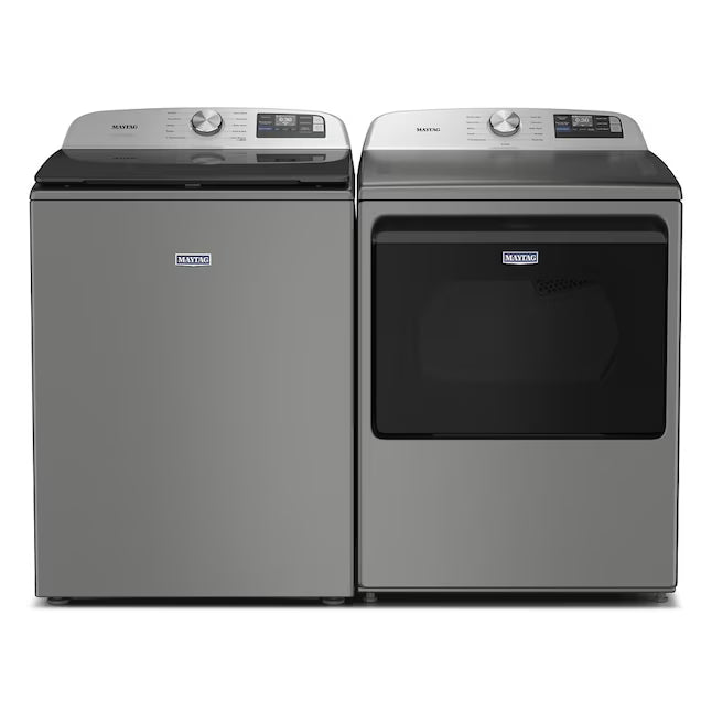 Maytag 5.3 cu. ft. Top Load Washer in Classic Silver with Impeller and Extra Power Option MTW6200RR - Open Box and  Maytag 7.4 cu. ft. Vented Front Load Electric Dryer in Classic Silver with Extra Power MED6205RR - Open Box