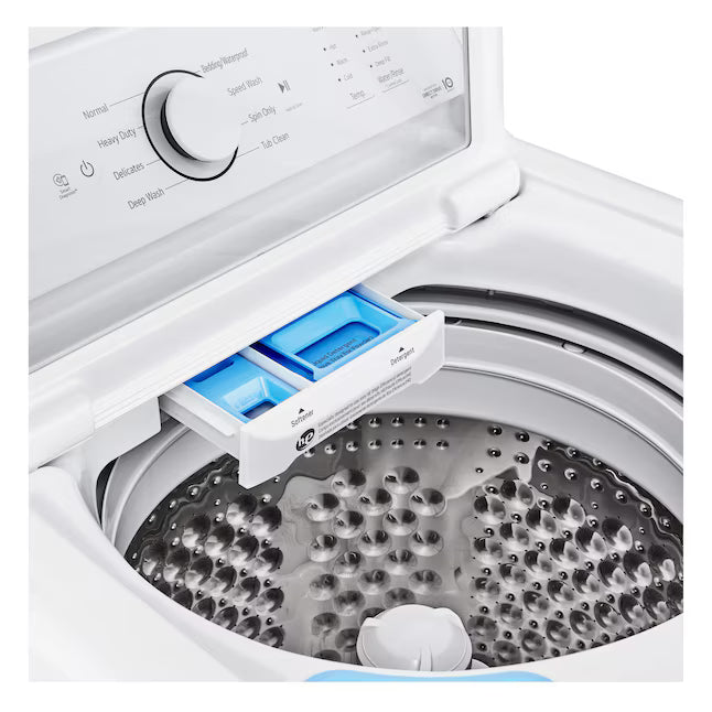 LG Top Load 4.1 Cu. Ft. Washer with TurboDrum Technology in White WT6105CW - Scratch & Dent (Moderate) and LG 7.3 Cu. Ft.  Electric Rear Control Ultra Large Capacity Dryer in White with Sensor Dry 16297 - DLE6100W - Open Box